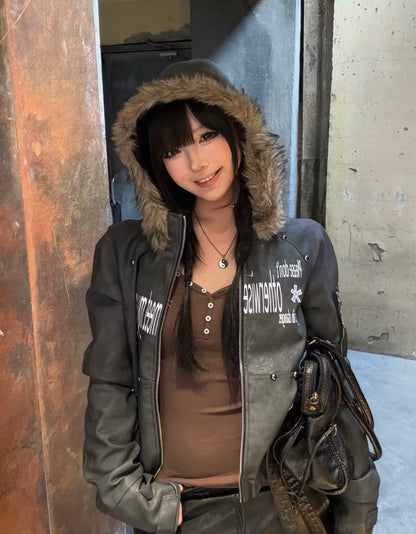Studded Letter Print Fur Collar Cropped PU Leather Jacket