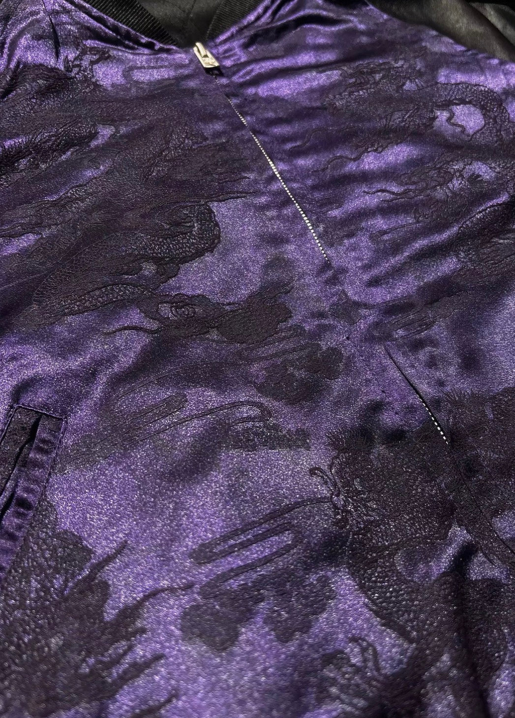 Purple Dragon Jacquard Faux Leather Sleeve Bomber Jacket