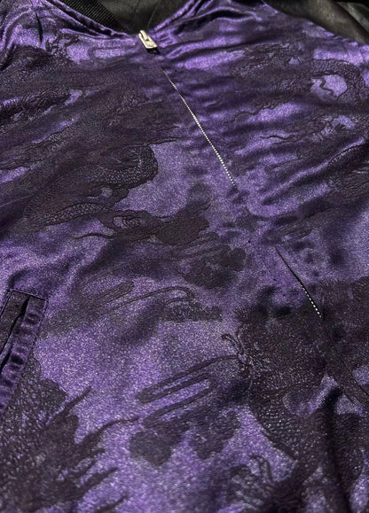 Purple Dragon Jacquard Faux Leather Sleeve Bomber Jacket