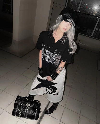 Rhinestone Cross Rivet Punk Polo Shirt
