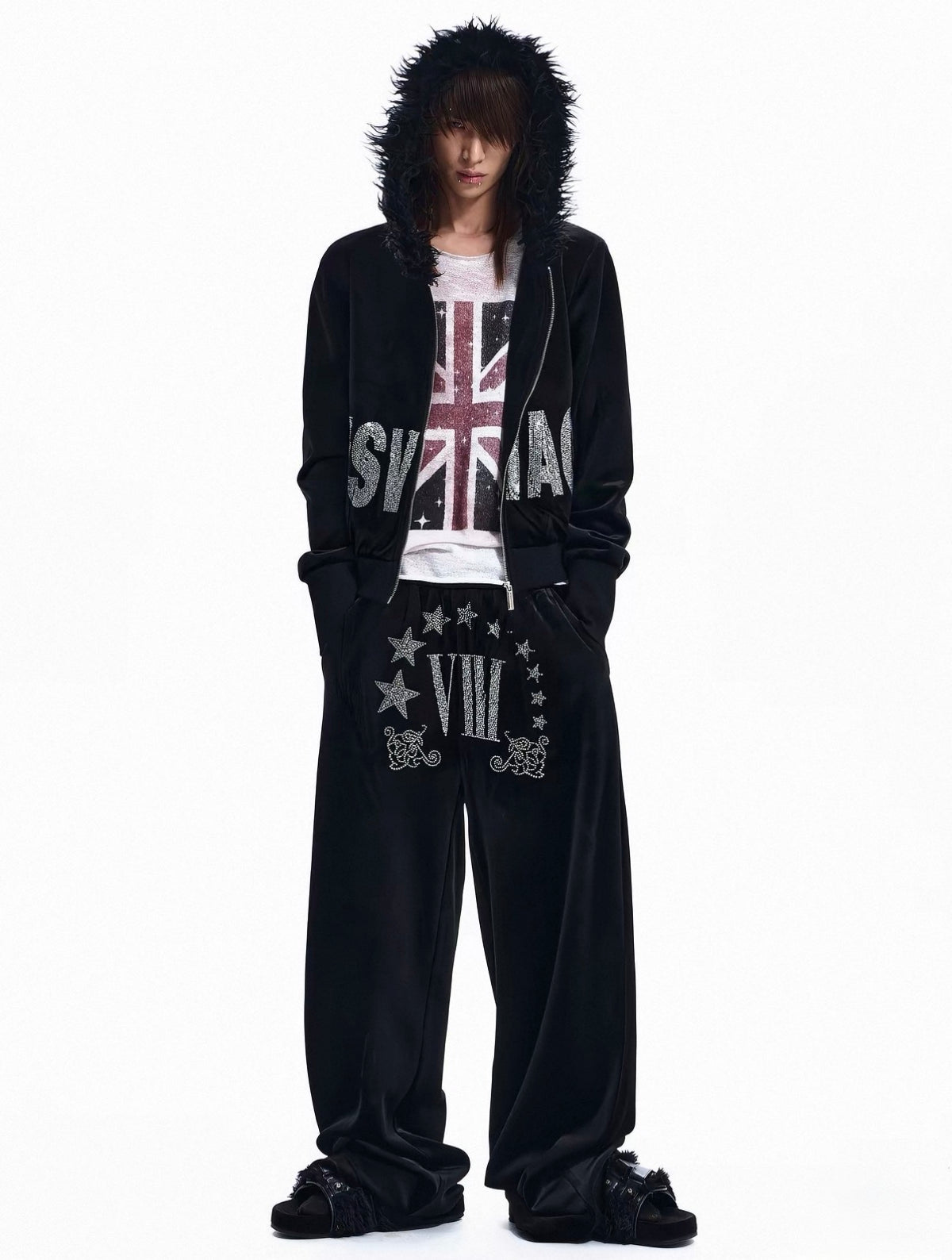 Rhinestone Logo Fur Collar Zip-Up Hoodie Jacket