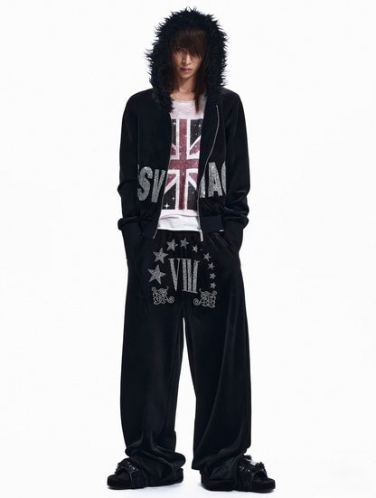 Rhinestone Logo Fur Collar Zip-Up Hoodie Jacket