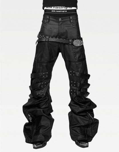 ATANOTHINGNESS Double waist Cross Strap Waxed Flare Pants