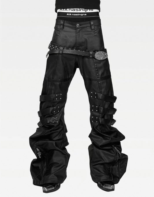 ATANOTHINGNESS Double waist Cross Strap Waxed Flare Pants