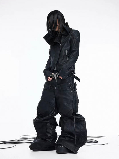 Asymmetric Split Stand Collar Leather Jacket