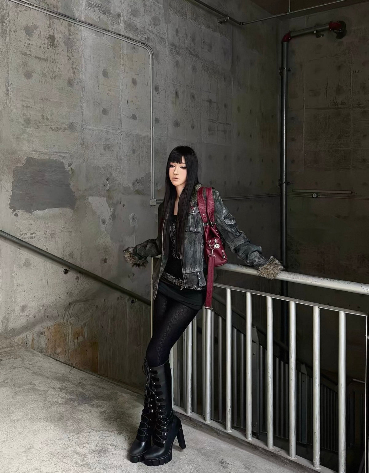 Washed Distressed Rivet Fur Collar Jacket