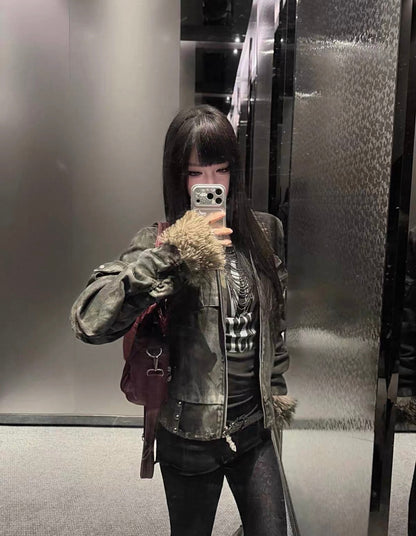 Washed Distressed Rivet Fur Collar Jacket