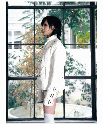 Cross Feather Napoleon Collar Suede-Touch Padded Jacket