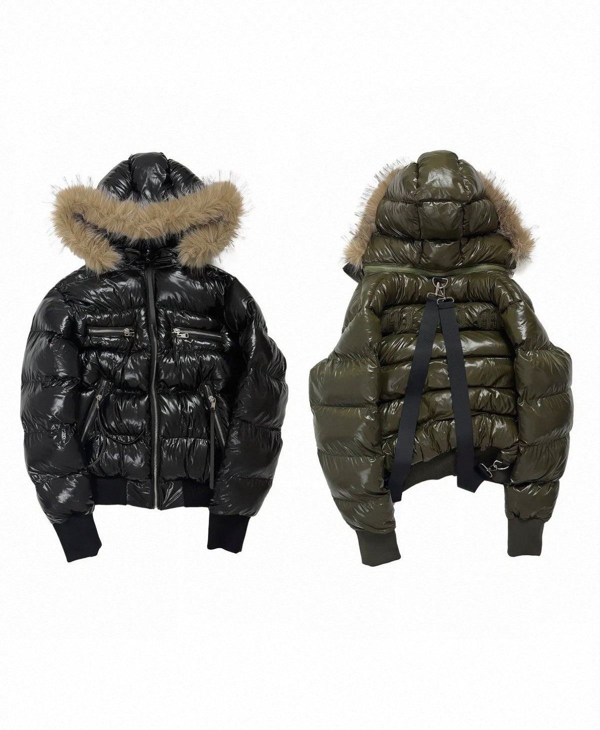 Glossy Detachable Hood Fur Collar Strap Padded Jacket