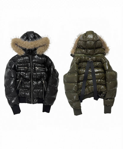 Glossy Detachable Hood Fur Collar Strap Padded Jacket