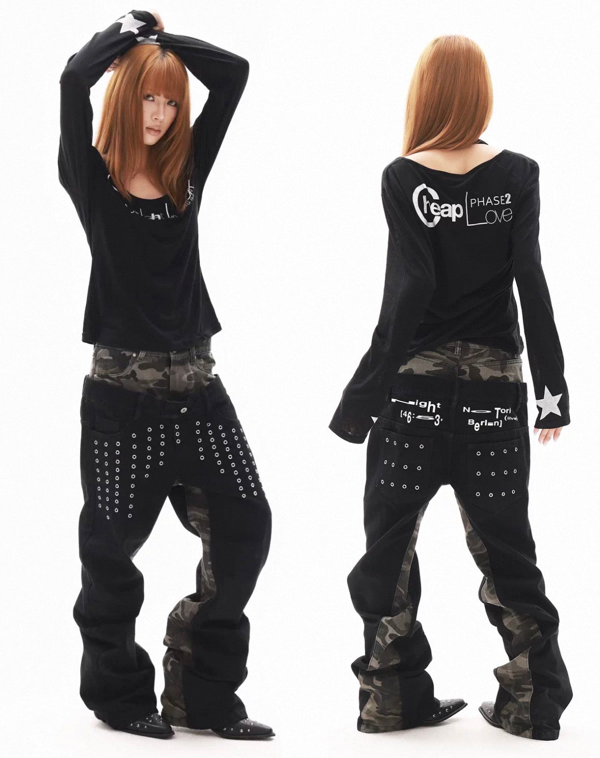 Double Waist Studded Wide Denim Pants