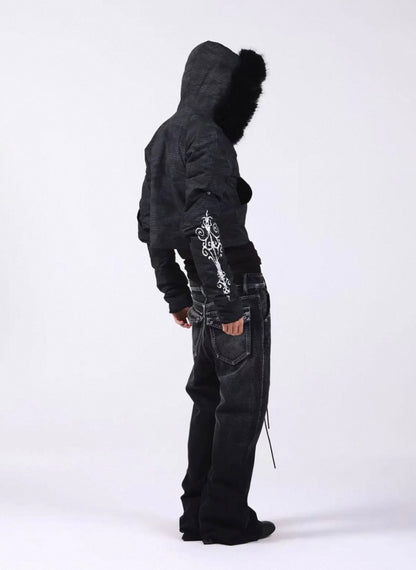 Washed Vintage Fur Collar Hooded Jacket