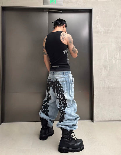 RYE CHASIN クロスパッチ ヴィンテージウォッシュ ワイドジーンズ SELFISH