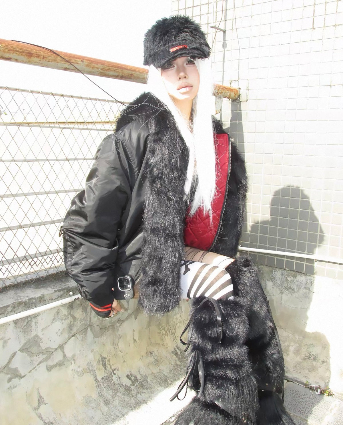 Cross Graphic Detachable Fur Collar Hooded MA-1 Jacket