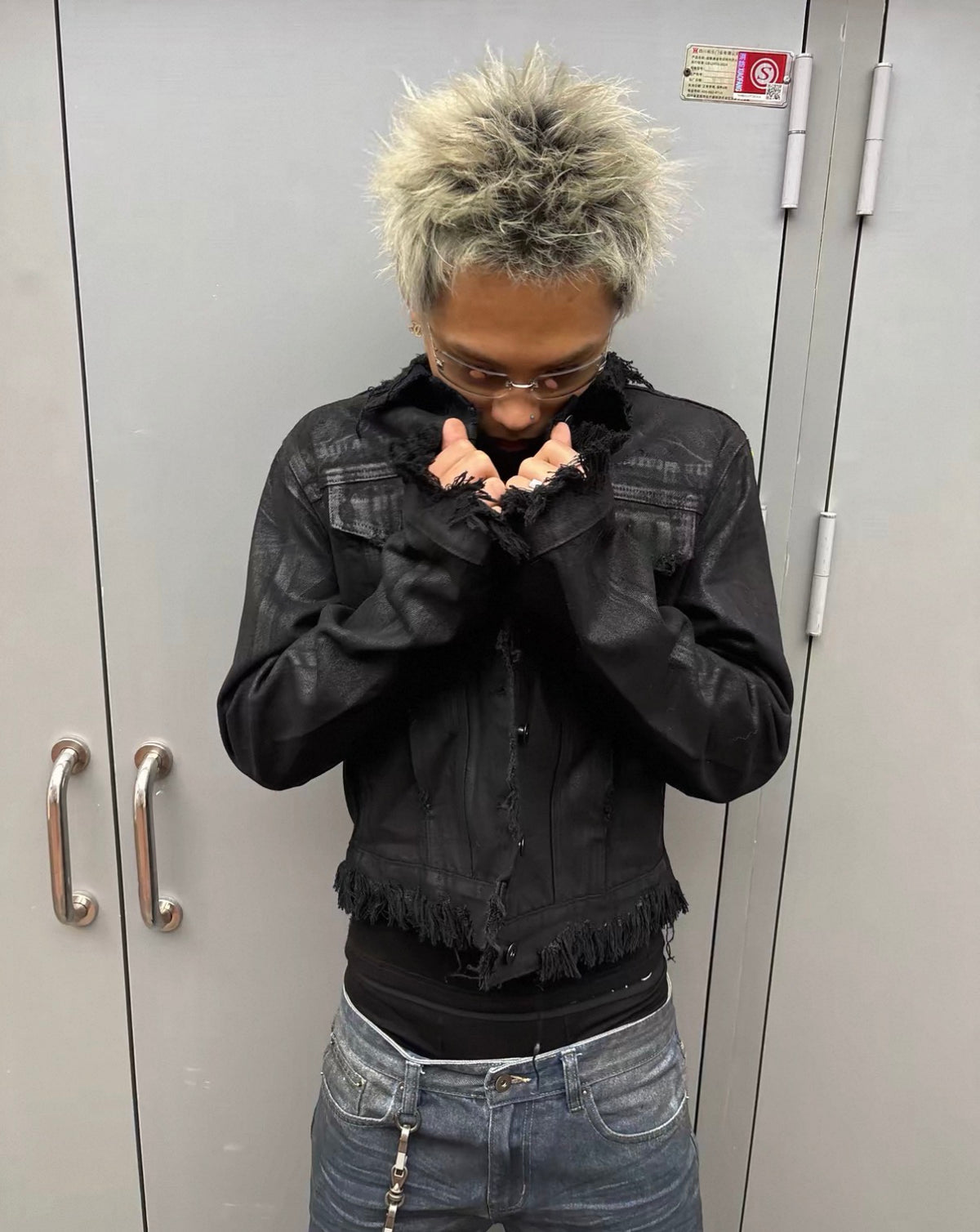 Black Coated Distressed Hem Cropped Denim Jacket