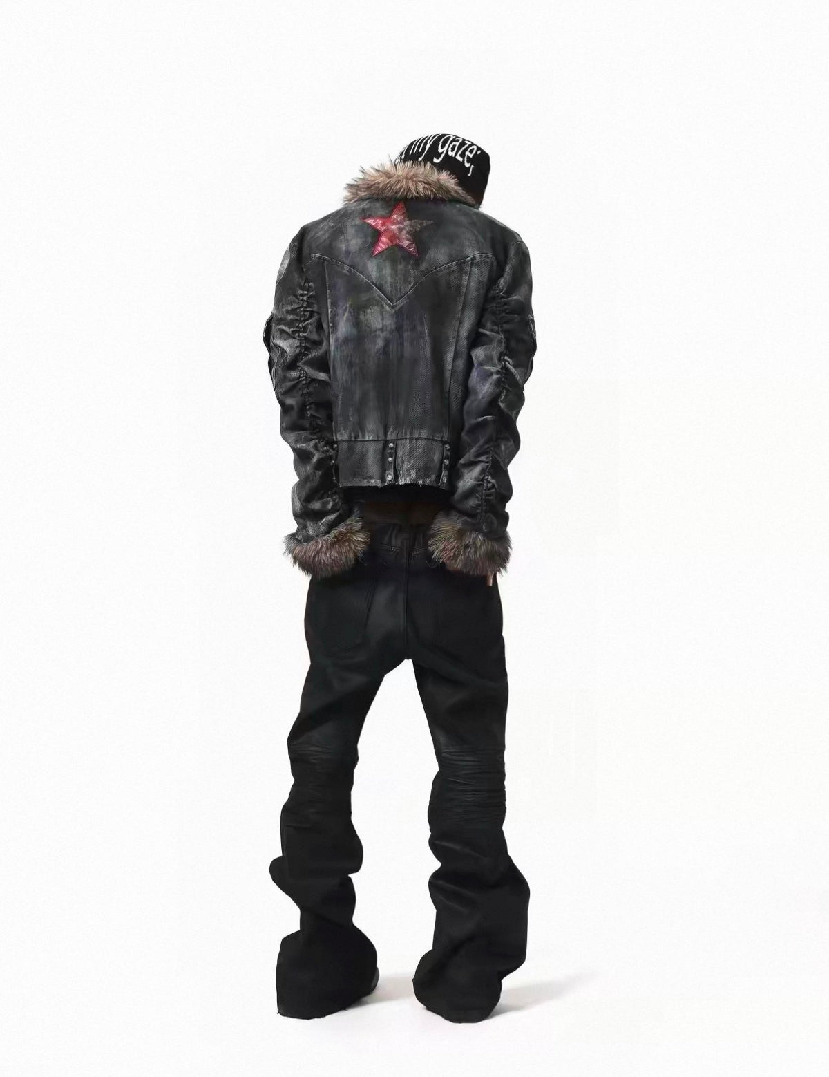 Washed Distressed Rivet Fur Collar Jacket
