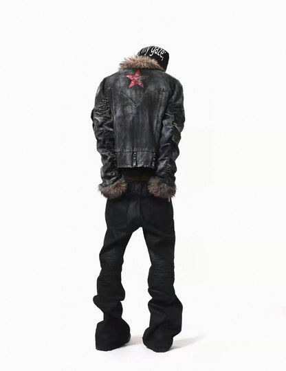 Washed Distressed Rivet Fur Collar Jacket