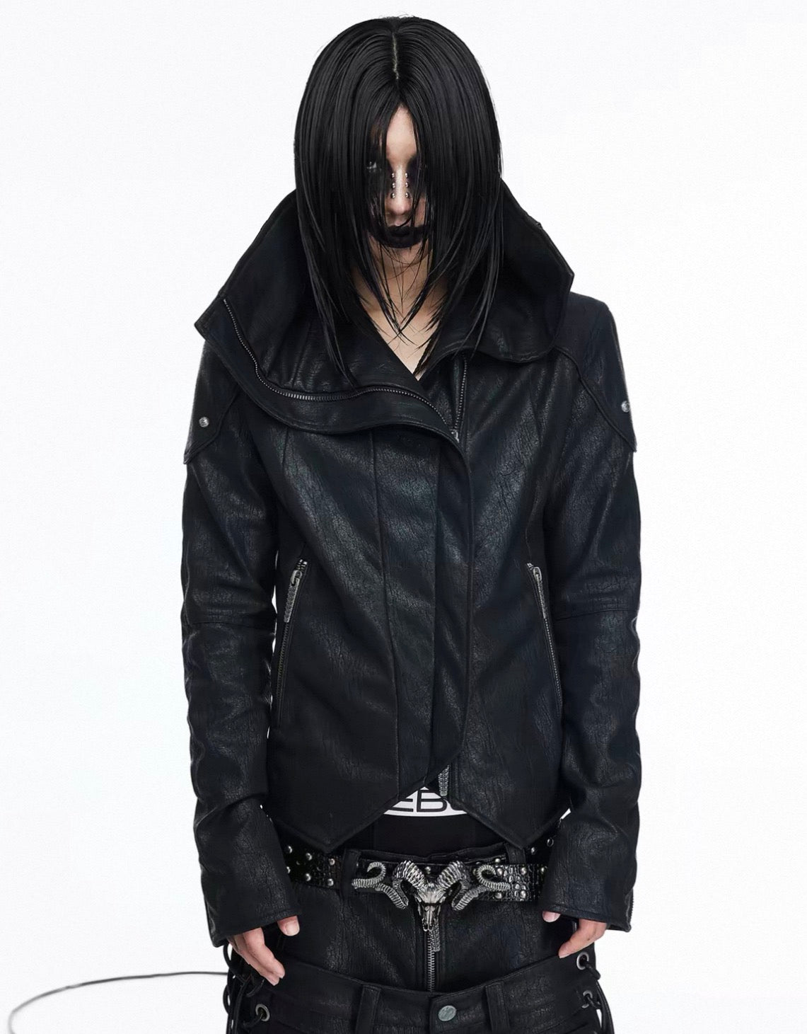 Asymmetric Split Stand Collar Leather Jacket