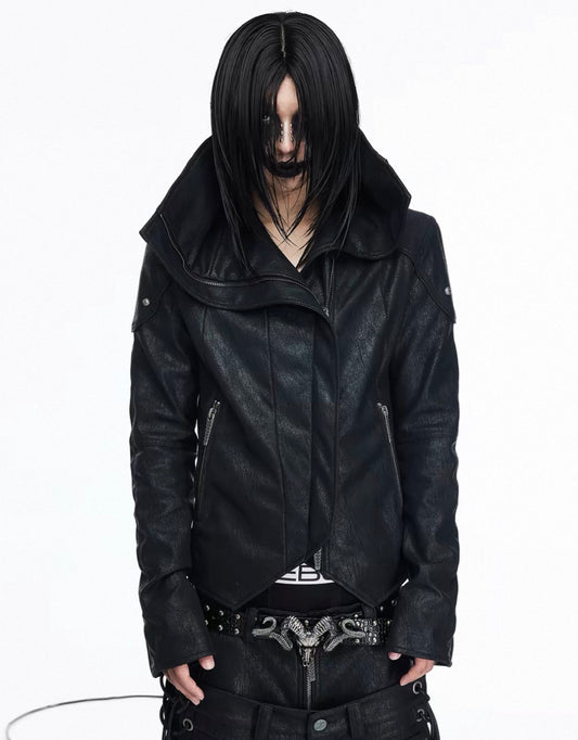 Asymmetric Split Stand Collar Leather Jacket