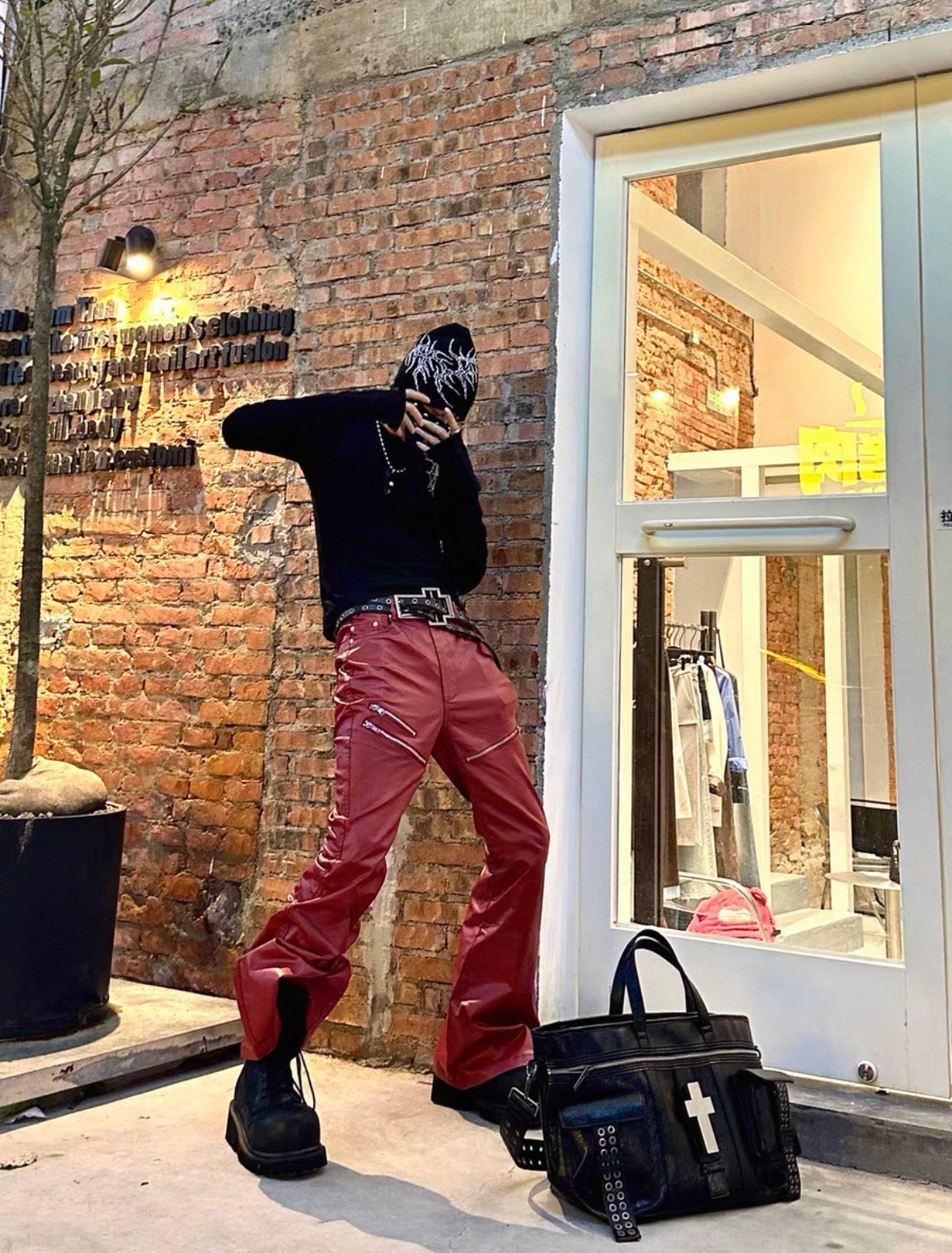 REVEL WAVE Red Lether Flare Pants