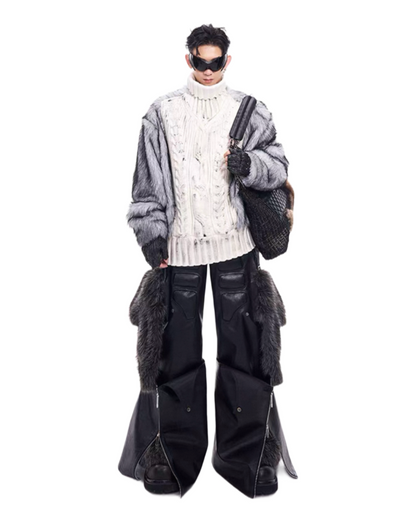 STARTEXCEEDEND Splicing Leather Fur Cargo Pants