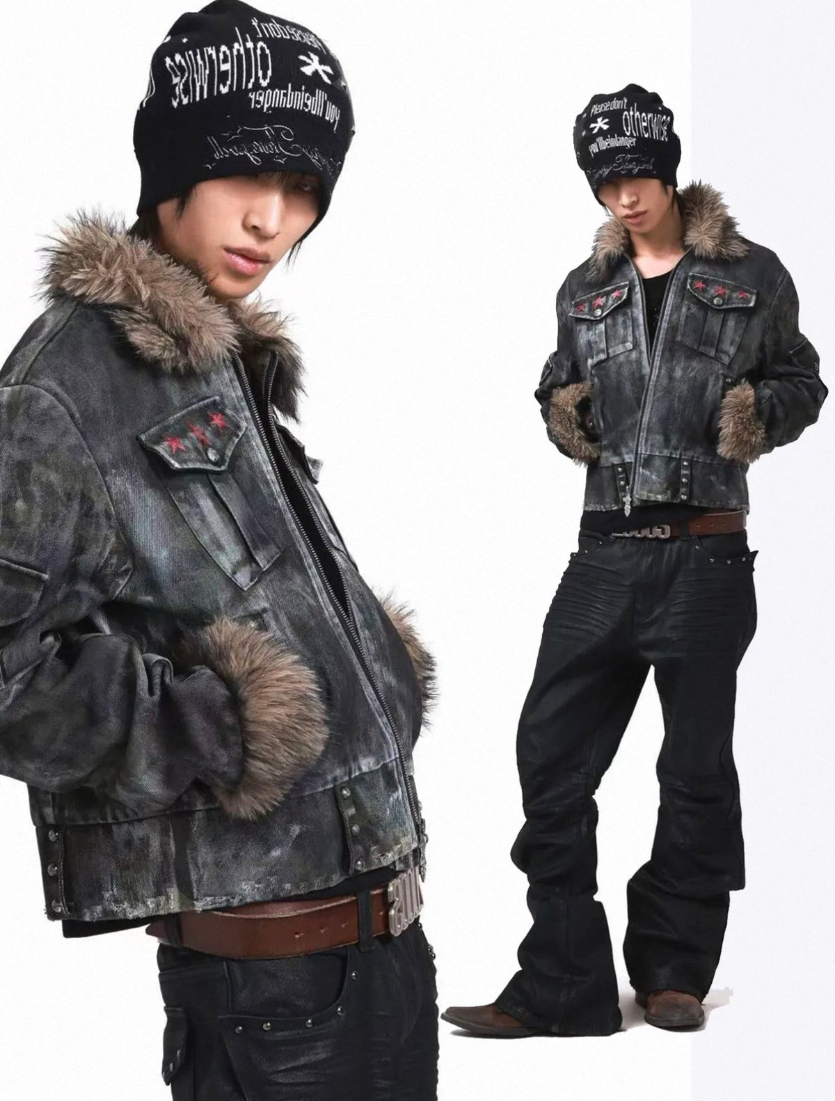 Washed Distressed Rivet Fur Collar Jacket