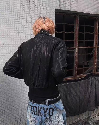 Metal Black Stand Collar Zipper Jacket