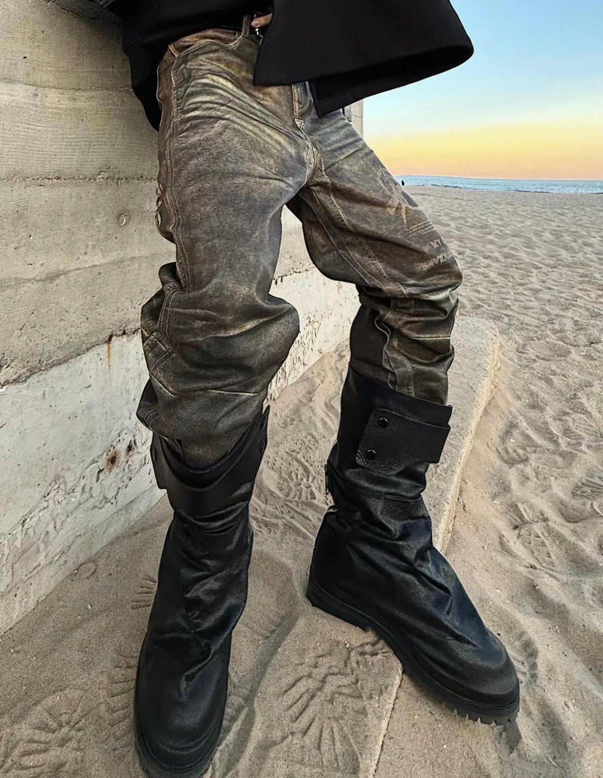 Vintage Washed Leather Mid-Calf Rider Boots