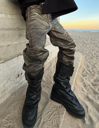 Vintage Washed Leather Mid-Calf Rider Boots