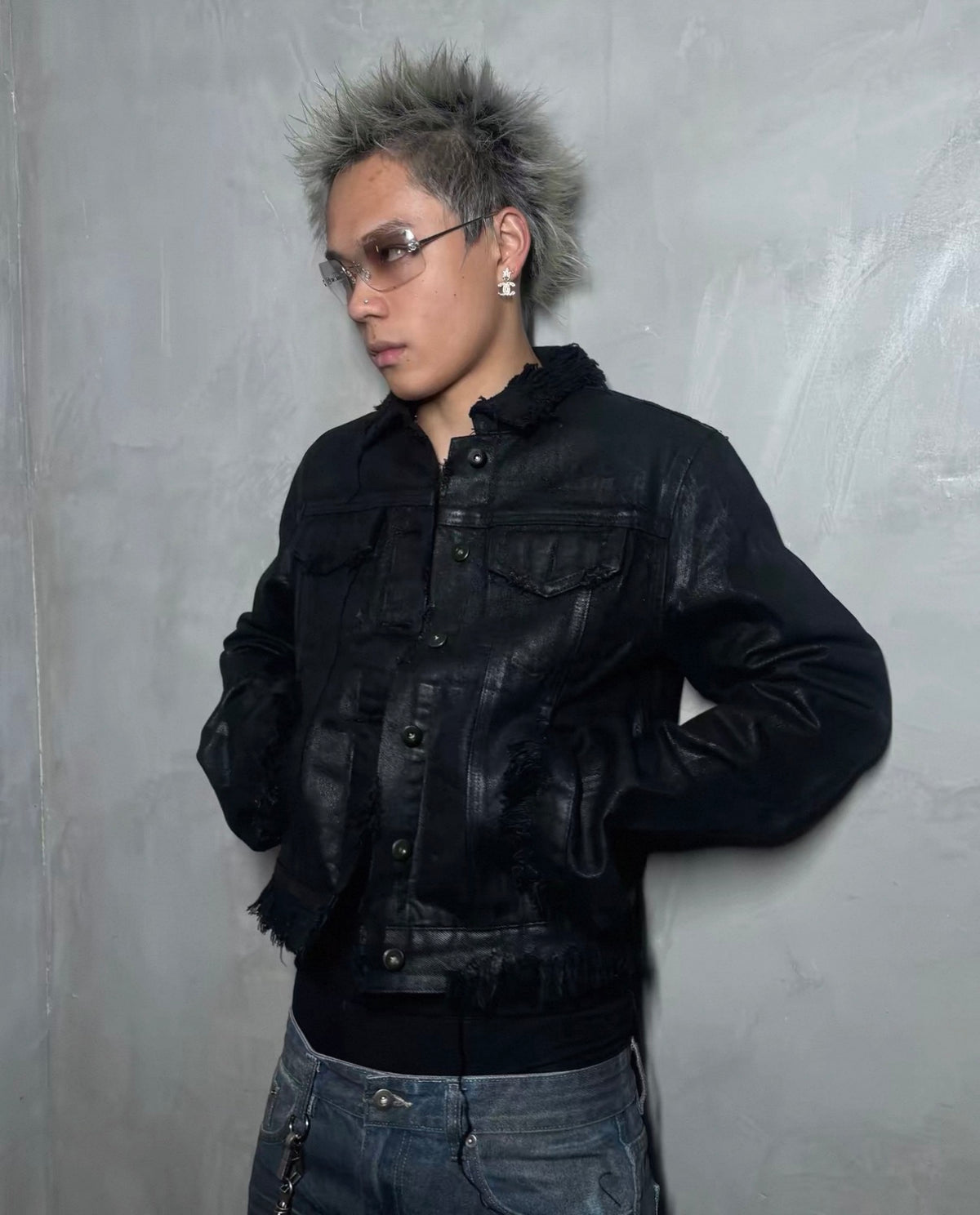 Black Coated Distressed Hem Cropped Denim Jacket