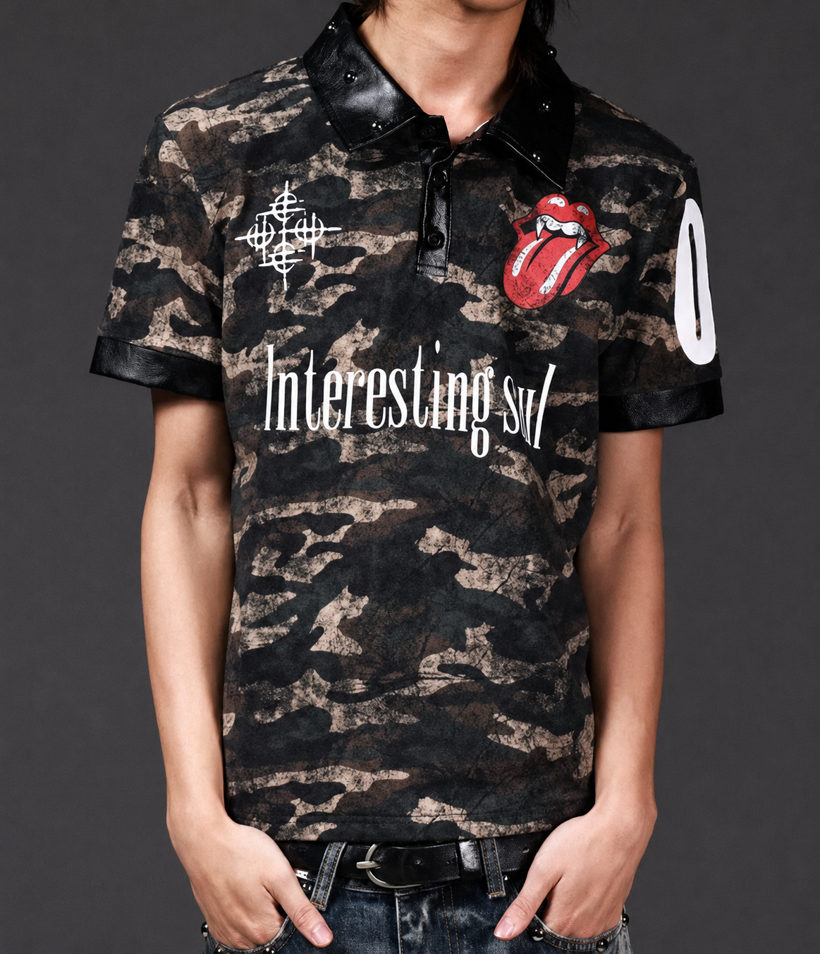 Camouflage Rhinestone Rivet Polo Shirt