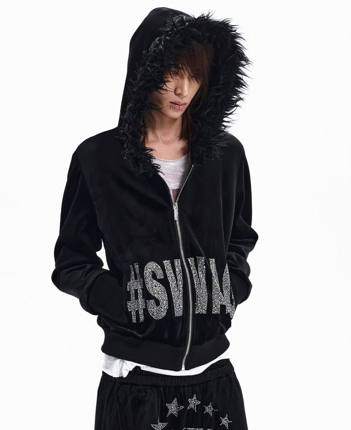 Rhinestone Logo Fur Collar Zip-Up Hoodie Jacket