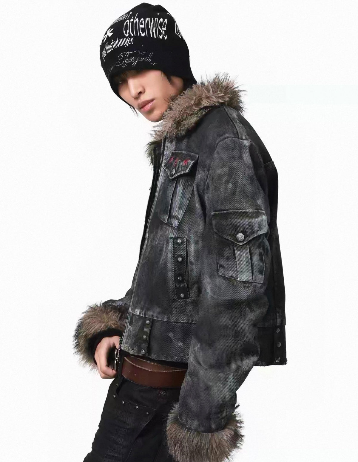 Washed Distressed Rivet Fur Collar Jacket