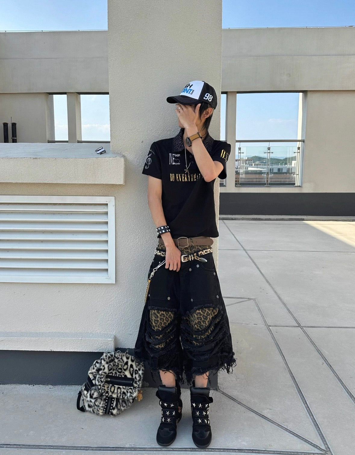 Leopard Double Waist Distressed Wash Wide Shorts