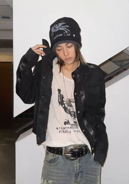 Blood Vein Silver Black Cropped PU Leather Jacket