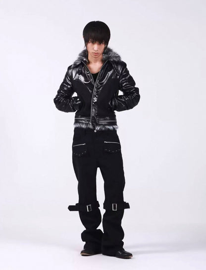Cross Buckle Wax-Washed Fur Collar Padded Jacket