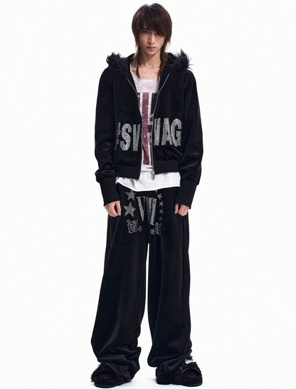 Rhinestone Logo Fur Collar Zip-Up Hoodie Jacket