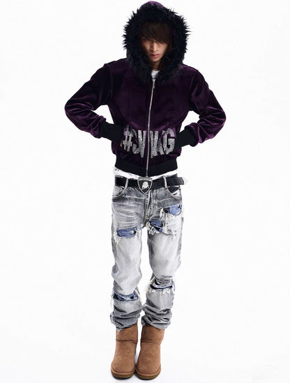 Rhinestone Logo Fur Collar Zip-Up Hoodie Jacket