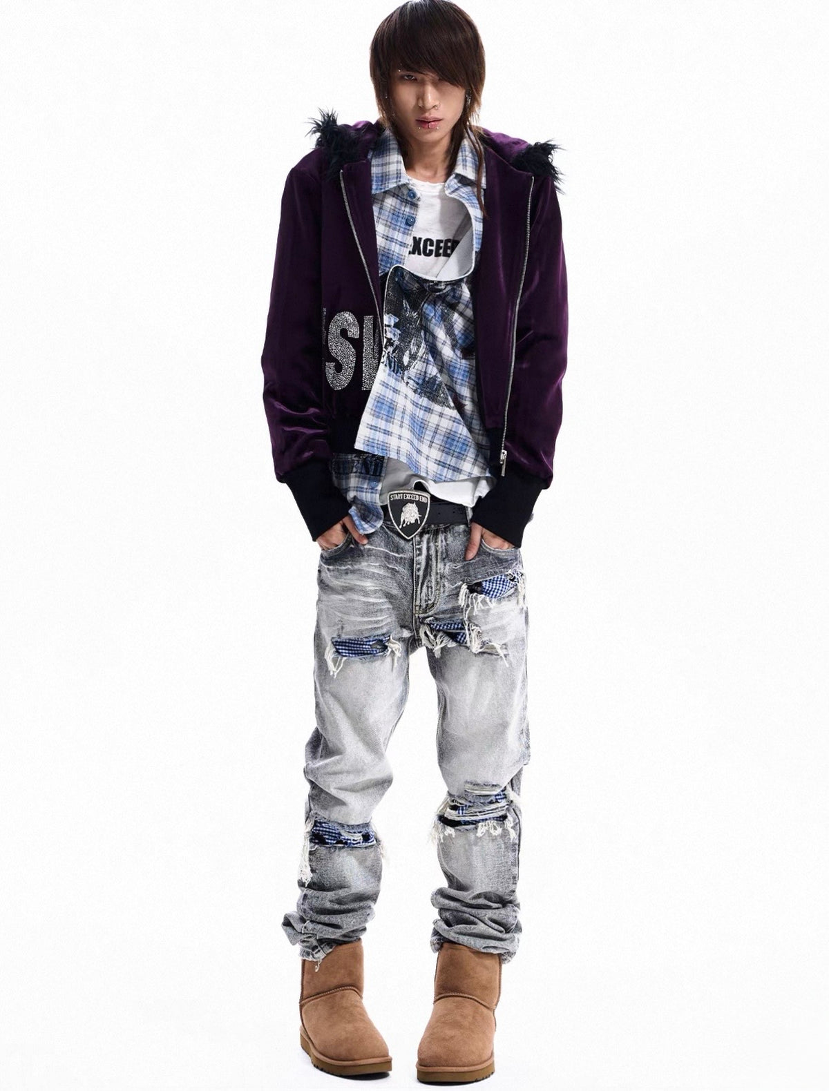Rhinestone Logo Fur Collar Zip-Up Hoodie Jacket