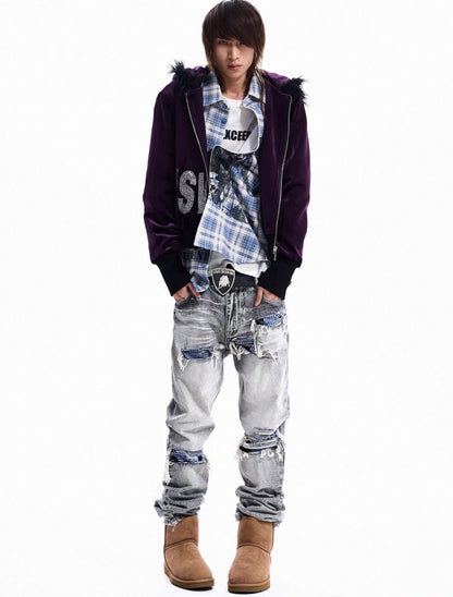Rhinestone Logo Fur Collar Zip-Up Hoodie Jacket