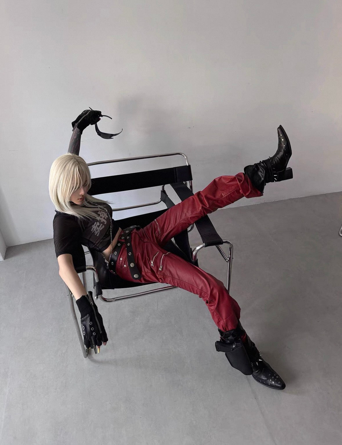 REVEL WAVE Red Lether Flare Pants