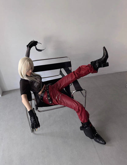 REVEL WAVE Red Lether Flare Pants