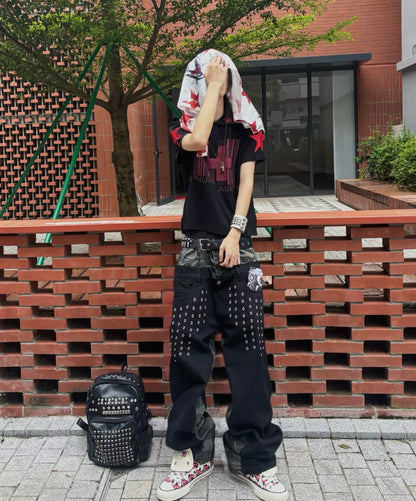 Double Waist Studded Wide Denim Pants
