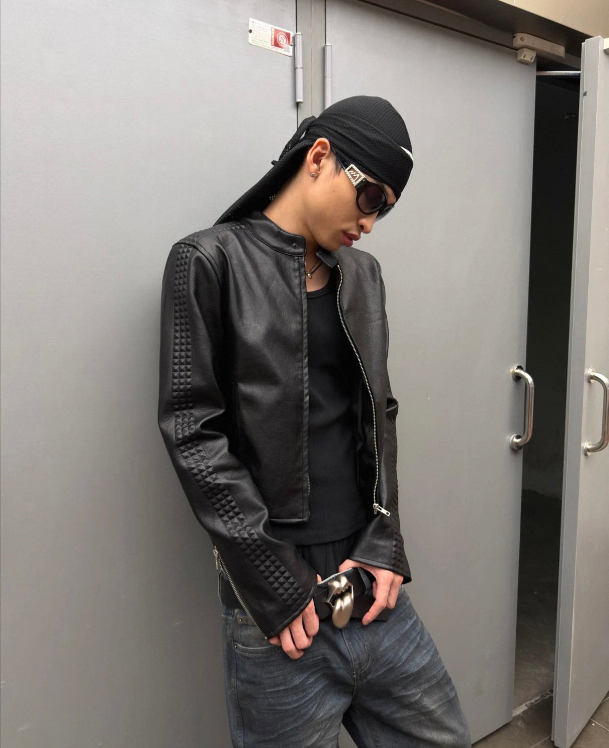 Embossed Slim Fit Cropped Faux Leather Jacket