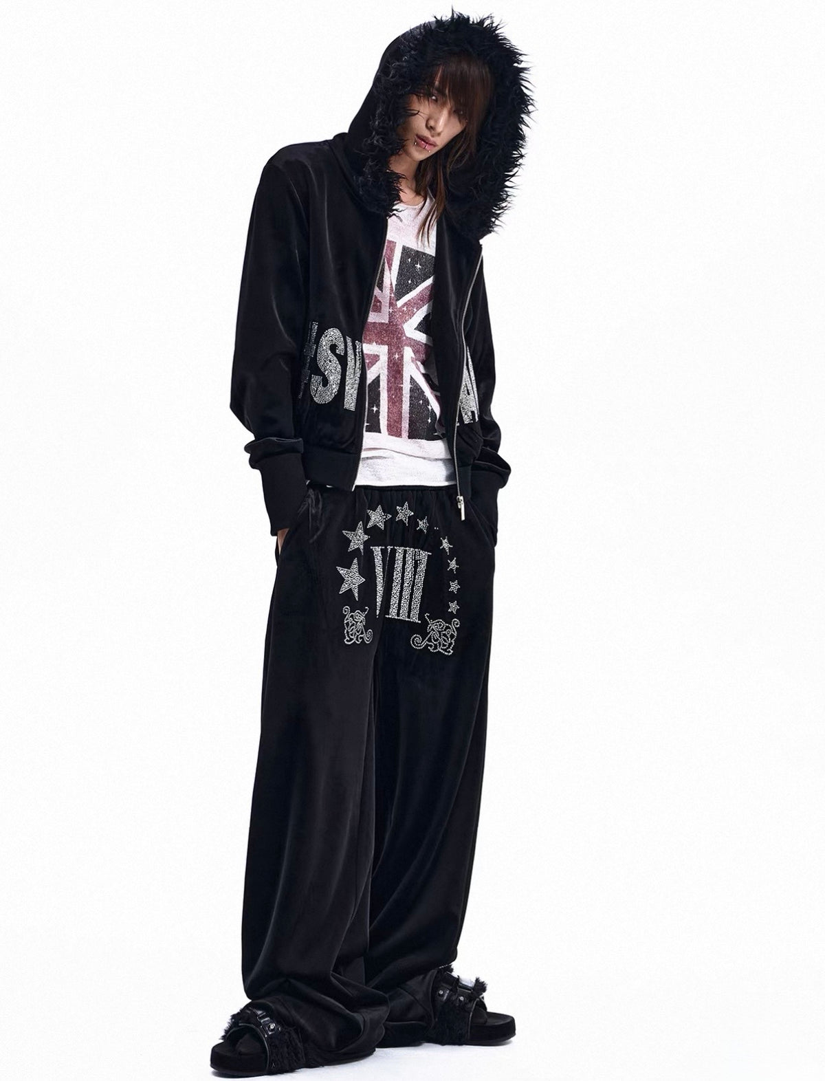 Rhinestone Logo Fur Collar Zip-Up Hoodie Jacket