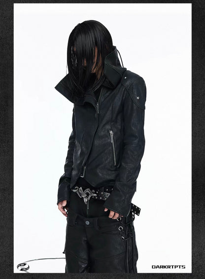 Asymmetric Split Stand Collar Leather Jacket