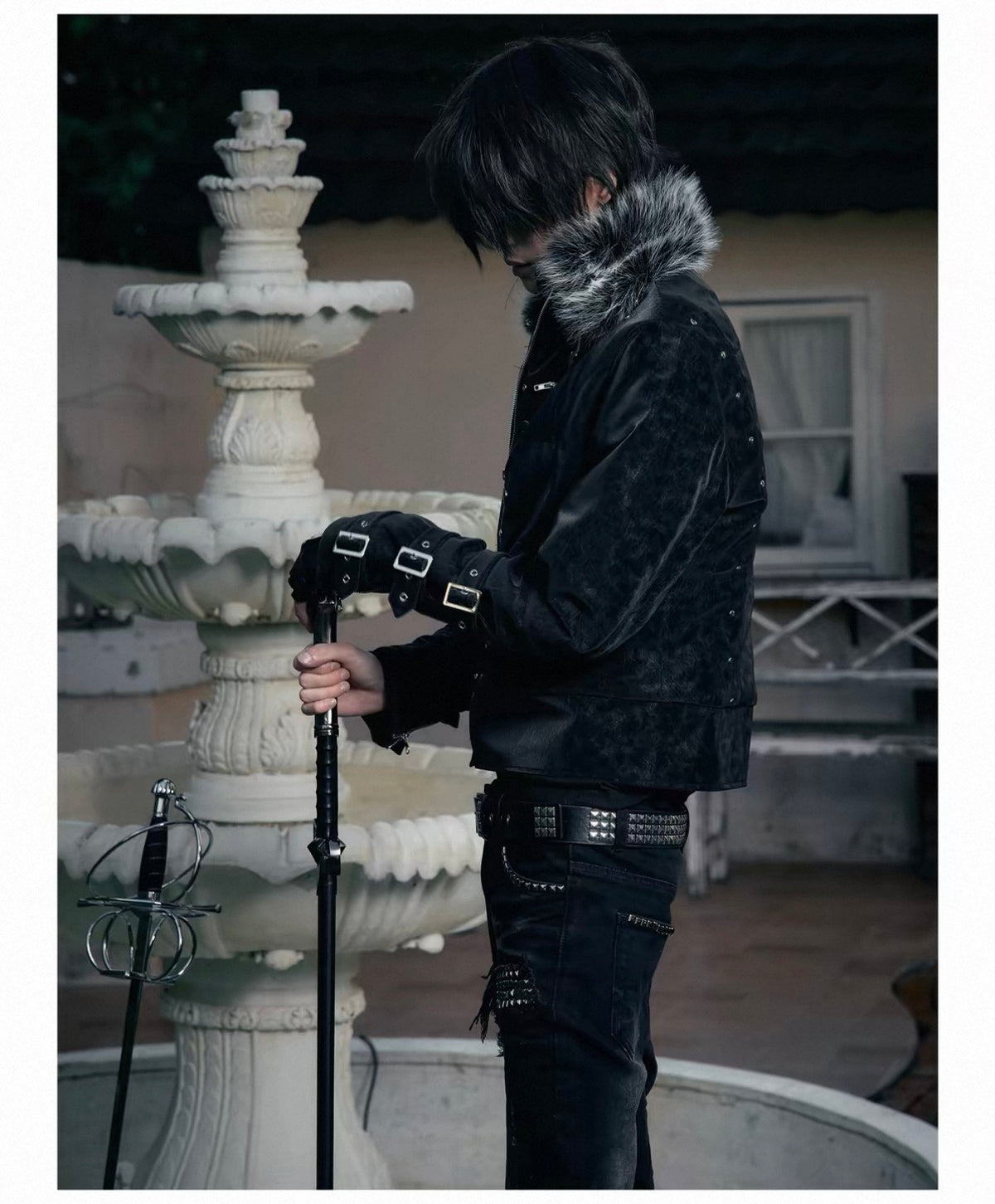 Cross Feather Napoleon Collar Suede-Touch Padded Jacket