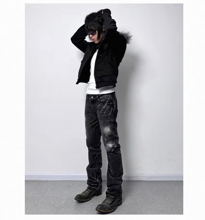 Cross Coffin Golden Raccoon Fur High Collar Hooded Fringe Jacket
