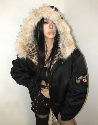 Leopard Fur Collar Red Star Hooded Padded Jacket