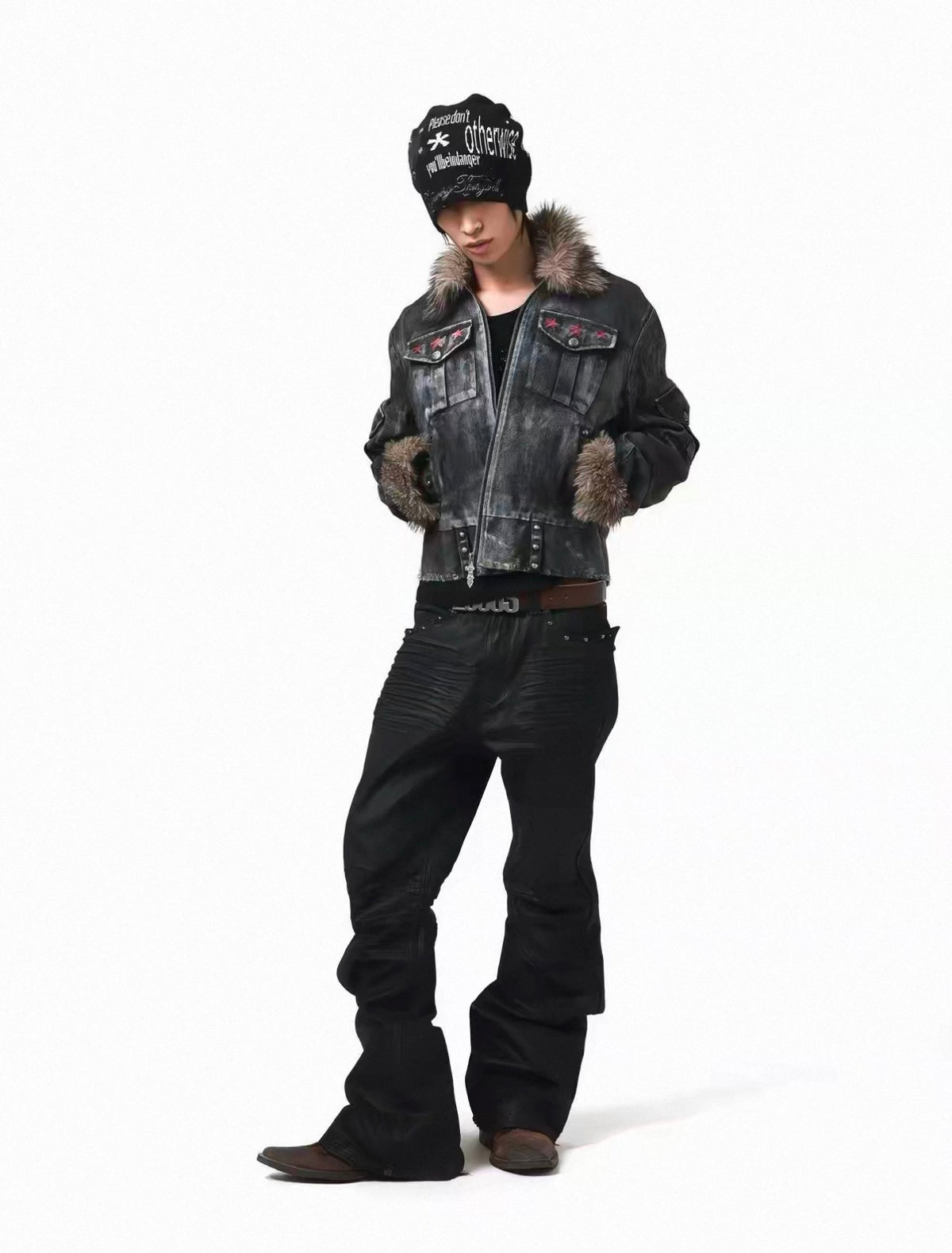 Washed Distressed Rivet Fur Collar Jacket